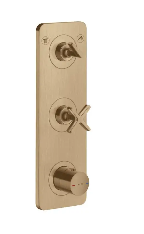 Thermostatmodul mit drei Bedienknöpfen auf einer rechteckigen Platte in Brushed Bronze, hergestellt von AXOR, zur Steuerung von zwei Wasserverbrauchern.